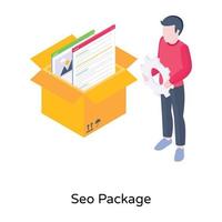 boîte avec contenu multimédia, icône isométrique du package seo vecteur