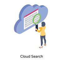 recherche via le site Web, icône isométrique de la recherche dans le cloud vecteur