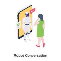 personne qui parle avec un robot, une icône isométrique de la conversation du robot vecteur