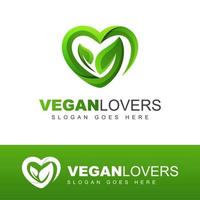 logo des amoureux végétaliens modernes. feuilles ou feuilles avec amour, modèle vectoriel de conception de logo de soins de la nature