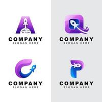 forme de lettre initiale avec ensemble de logo d'entreprise de fusée. création de logo lettre a, c, p, q vecteur