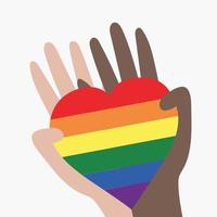 illustration vectorielle de la communauté lgbt. mains de différentes couleurs tenant un coeur arc-en-ciel. symbolisme et couleurs lgbtq. les droits de l'homme et la tolérance. joyeux mois de la fierté vecteur