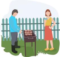 un couple en vacances. l'homme cuisine du shish kebab, fait griller de la viande. la fille boit un cocktail. sur la pelouse verte, contre une clôture en bois. vecteur