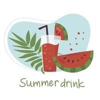 cocktail de fruits rafraîchissant d'été. boissons non alcoolisées dans un simple verre en verre et paille. smoothies frais et tranches de fruits frais sur fond de feuilles de palmier vecteur