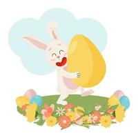 personnage de lapins. marcher sur l'herbe drôle, joyeux lapins de dessin animé de pâques avec des oeufs, des nuages, des fleurs vecteur