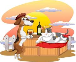 dessin animé chien et chat en sirotant du vin vecteur