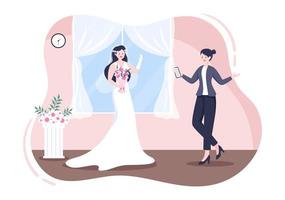 organisateur de mariage fournissant un service de décoration ou faisant des plans avant la cérémonie de mariage en illustration de style dessin animé à fond plat vecteur