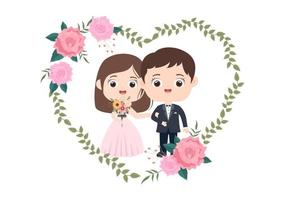 couple heureux célébrant le mariage ou la cérémonie de mariage avec de belles décorations florales à l'extérieur de la chambre en illustration de style dessin animé à fond plat vecteur