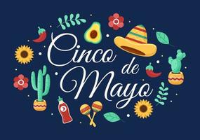 illustration de style dessin animé de célébration de vacances mexicaines cinco de mayo avec cactus, guitare, sombrero et tequila potable pour affiche ou carte de voeux vecteur