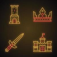 jeu d'icônes de néon médiéval. tour du château, couronne du roi, épée en métal, château du seigneur. signes lumineux. illustrations vectorielles isolées vecteur