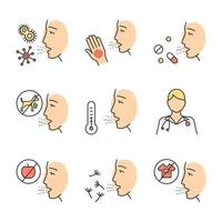 ensemble d'icônes de couleur d'allergies. contact, nourriture, maladies respiratoires. sources d'allergènes. diagnostic et médication. hypersensibilité du système immunitaire. problème médical. illustrations vectorielles isolées vecteur