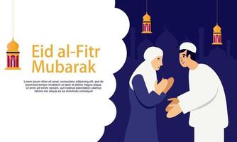 joyeux eid mubarak, concept de voeux ramadan mubarak avec illustration de personnage de personnes vecteur