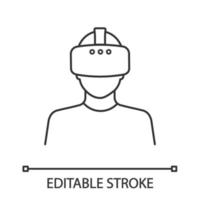 icône linéaire du lecteur de réalité virtuelle. illustration de la ligne mince. lecteur vr. homme avec masque vr, lunettes, casque. symbole de contour. dessin de contour isolé de vecteur. trait modifiable vecteur