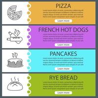 ensemble de modèles de bannière web de boulangerie. pizza, hot-dogs français, pile de crêpes, pain de seigle. éléments de menu couleur du site Web avec des icônes linéaires. concepts de conception d'en-têtes vectoriels vecteur