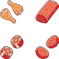 ensemble d'icônes de couleur de viande de bouchers. pilons de poulet grillés, rôti de porc, galettes de burger, queues de bœuf. production et vente de viande. commerce de boucherie. production de viande rôtie. illustrations vectorielles isolées