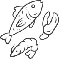 icône linéaire de fruits de mer. produits sources d'oméga 3. illustration de la ligne mince. repas gastronomique, alimentation saine. crevettes bouillies, symbole de contour de saumon. dessin de contour isolé de vecteur de poisson et de crevette. trait modifiable