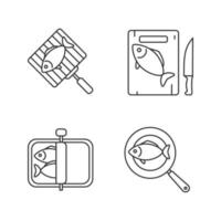 ensemble d'icônes linéaires de préparation de poisson. poisson en conserve, frit, découpé et grillé. symboles de contour de ligne mince. illustrations vectorielles isolées vecteur