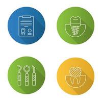 ensemble d'icônes plat linéaire grandissime de dentisterie. stomatologie. rapport de diagnostic, implant dentaire et couronne, instruments dentaires. illustration de contour de vecteur