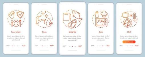 modèle d'écran de page d'application mobile d'intégration de la sécurité alimentaire. la transformation, la manipulation, la préparation et le stockage des aliments. nettoyer, séparer, cuisiner, refroidir. étapes du site Web pas à pas. ux, ui, interface graphique pour smartphone vecteur