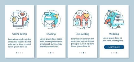 modèle de vecteur d'écran de page d'application mobile d'intégration de rencontres en ligne. chat, réunion en direct, étapes de mariage avec des illustrations linéaires. rendez-vous sur Internet, service d'amour. concept d'interface de smartphone ux, ui, gui