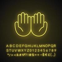 icône de néon mains en coupe. paumes ensemble emoji. mendier des gestes. l'islam prie les mains. signe lumineux avec alphabet, chiffres et symboles. illustration vectorielle isolée vecteur
