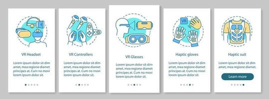 écran de page d'application mobile d'intégration de dispositif de réalité virtuelle avec concept linéaire. casque vr, contrôleur, gants haptiques, suivre les instructions graphiques des étapes pas à pas. ux, ui, modèle vectoriel gui avec icônes