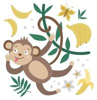 composition mignonne de vecteur avec un singe suspendu à une liane avec une langue tirée, des bananes. illustration drôle d'animaux et de fruits exotiques. image plate lumineuse pour les enfants. jungle été clipart