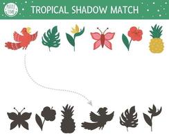 activité d'association d'ombres tropicales pour les enfants. casse-tête de la jungle préscolaire. énigme éducative exotique mignonne. Trouvez la bonne feuille de travail imprimable sur la silhouette du symbole tropique. jeu d'été simple pour les enfants vecteur