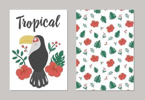 ensemble de dessins vectoriels préfabriqués d'été avec des oiseaux tropicaux, des plantes et des fleurs. modèles de cartes-cadeaux exotiques drôles avec des personnages mignons de la jungle. toucan avec feuilles et fleurs d'hibiscus vecteur