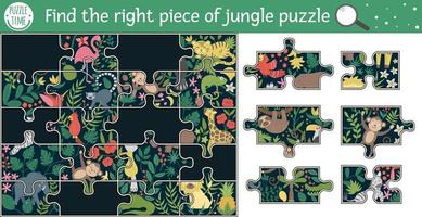 trouver la bonne pièce du puzzle de la jungle. image vectorielle activité de coupe et de colle ou d'autocollant d'été pour les enfants. jeu d'artisanat éducatif tropical avec des personnages animaux mignons. vecteur