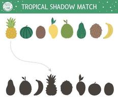 activité d'association d'ombres tropicales pour les enfants. casse-tête de la jungle préscolaire. énigme éducative exotique mignonne. Trouvez la bonne feuille de travail à imprimer sur la silhouette des fruits tropicaux. jeu d'été simple pour les enfants vecteur