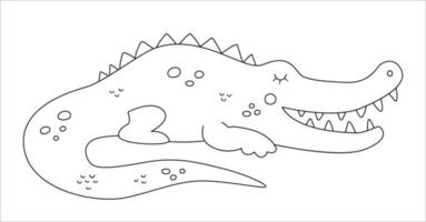 contour de crocodile mignon de vecteur. illustration drôle d'animal exotique tropical en noir et blanc. coloriage amusant pour les enfants. clipart été jungle vecteur