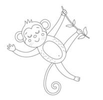 singe mignon de vecteur suspendu à un contour de brunch d'arbre. illustration drôle d'animal exotique tropical en noir et blanc. coloriage amusant pour les enfants. clipart été jungle