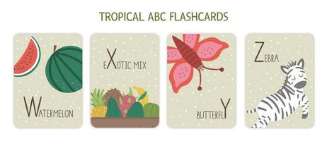 lettres de l'alphabet coloré w, x, y, z. carte mémoire phonétique avec animaux tropicaux, oiseaux, fruits, plantes. jolies cartes abc éducatives de la jungle pour enseigner la lecture avec une pastèque drôle, un papillon, un zèbre. vecteur