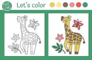 page de coloriage tropicale pour les enfants. illustration vectorielle de girafe. contour de personnage animal drôle mignon. livre de couleurs d'été dans la jungle pour les enfants avec version colorée et exemple