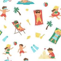 modèle sans couture d'été de vecteur avec des enfants faisant des activités d'été. répéter l'arrière-plan avec des enfants jouant sur la plage. jolies filles et garçons nageant, jouant au ballon, allongés au soleil.