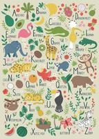 alphabet tropical pour les enfants. adorable abc plat avec des animaux de la jungle, des fruits, des oiseaux, des plantes. affiche drôle de mise en page verticale pour enseigner la lecture sur fond beige. vecteur