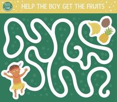 labyrinthe tropical pour les enfants. activité exotique préscolaire. casse-tête amusant de la jungle. aidez le garçon à atteindre les fruits. jeu d'été simple pour les enfants vecteur