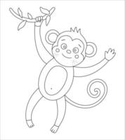 singe mignon de vecteur suspendu à un contour de brunch d'arbre. illustration drôle d'animal exotique tropical en noir et blanc. coloriage amusant pour les enfants. clipart été jungle