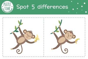 jeu de différences de trouver tropical pour les enfants. activité préscolaire tropique d'été avec un singe suspendu à une liane et tenant une banane. puzzle avec des personnages souriants drôles mignons. vecteur