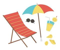 ensemble vectoriel d'éléments clipart d'été isolés sur fond blanc. jolie illustration plate pour les enfants avec chaise longue, lunettes de soleil, parapluie, boisson, coquillages. objets de plage de vacances.