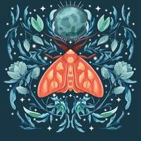 papillon et motifs floraux, motif en symétrie. illustration vectorielle plane colorée avec papillon de nuit, fleurs, éléments floraux et étoiles.
