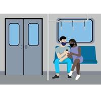un gars et une fille masqués avec des téléphones dans les mains dans la voiture de métro, vecteur plat, personnes de nationalités différentes