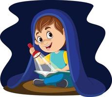 petit garçon lisant un livre la nuit avec lampe de poche sous couverture vecteur