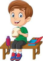 dessin animé petit écolier mangeant du pain vecteur