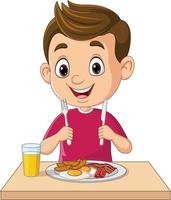 dessin animé petit garçon prenant son petit déjeuner vecteur