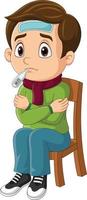 petit garçon malade de fièvre assis sur une chaise avec un thermomètre dans la bouche