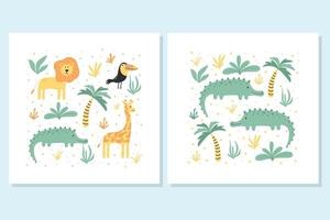 ensemble d'affiches pour enfants avec des animaux de la jungle. affiches dessinées pour les enfants. affiches avec crocodile, lion, girafe et toucan. illustration vectorielle. vecteur