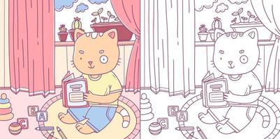 livre de coloriage pour enfants avec un échantillon avec un chaton mignon lisant un livre sur le sol. livre de coloriage avec un chaton. illustration des pages de coloriage de conception de vecteur. vecteur
