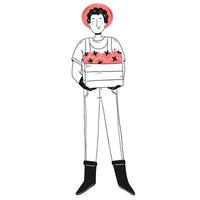 un jeune jardinier heureux tient une boîte de tomates dans ses mains. moment de la récolte. illustration de jardin isolé de vecteur. vecteur